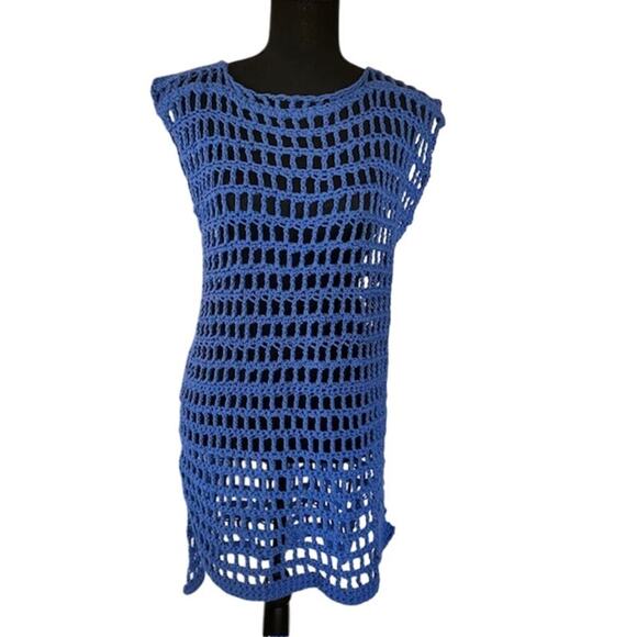 Handmade  Crochet Bathing Suit Cover-Up – Blue Mesh Tunic Size L/XL - Picture 1 of 3